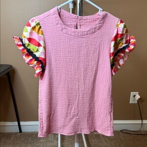 Source Unknown Pink Blouse with Multicolor Ruffle Sleeves